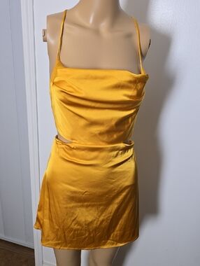 Golden Stretch Satin Cutout Mini Dress - XS